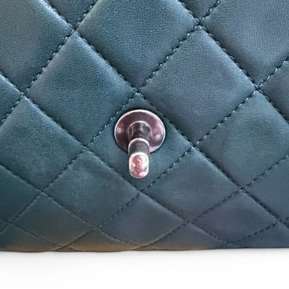 Chanel Classic Flap Jumbo Accordion Dark Green Lambskin Silver Hardware w/ COA